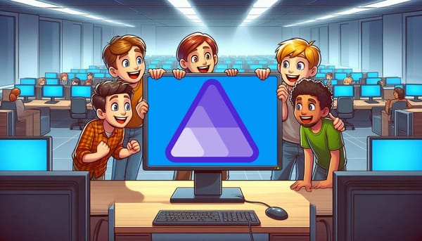 A team of .NET developers gather around a monitor with the Aspire logo.